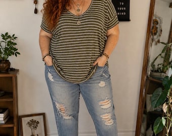Oversized Green and White Striped Top Size M or L