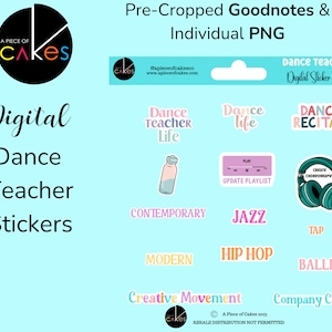 Puede incluir: Pegatinas digitales para profesores de danza. Las pegatinas presentan varios estilos de danza, incluyendo jazz, hip hop, ballet, contemporáneo y moderno. Las pegatinas también incluyen frases como "Dance Teacher Life", "Dance Recital" y "Update Playlist".