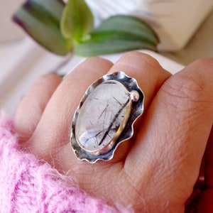 Statement Quartz Silver Ring, Rutile Quartz Oval Ring, Handmade Sterling Silver Gemstone Ring, Silver Boho Ring, Unique Jewelry for Her