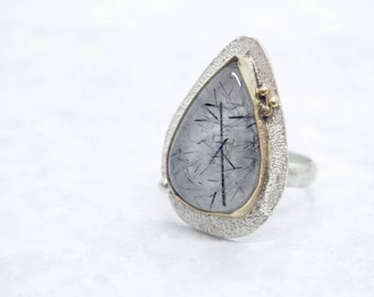 Teardrop quartz silver ring, 9K statement ring, Rutile quartz statement ring, silver and gold ring for her