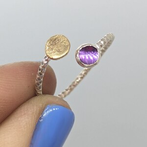 Adjustable Amethyst Silver Ring with Gold Nugget, Handmade Mixed Metal Jewelry, Unique Gift for Her, Boho Statement Ring, Everyday Ring