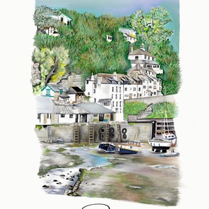 Polperro Art Print | Gallery Wall Art | Illustrated Travel Poster | Cornwall Art | England Gift | Cornish Art Print | Fishing Village Print