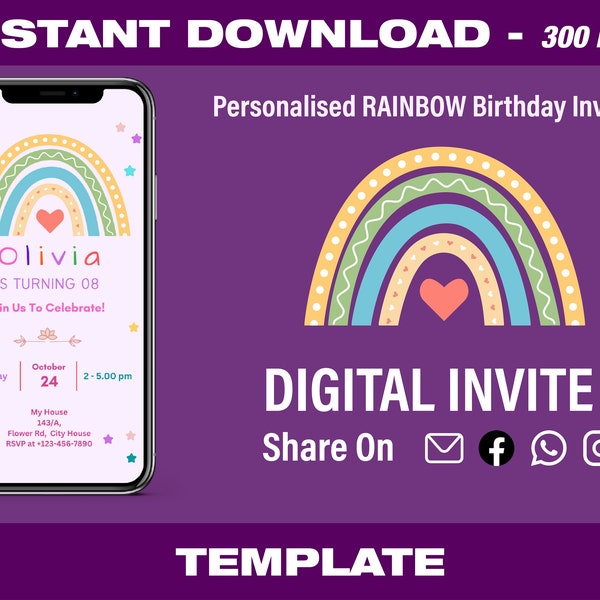 DIY Editable Rainbow Party Invitation, Canva Template, Electronic girl Birthday Invite, Digital Text Email SMS kids birthday invitation