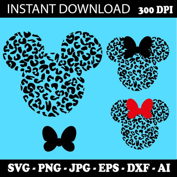 Mickey and Minnie cheetah Head leopard print Ears SVG Animal Print svg shirt, iron transfer Cricut cutting files