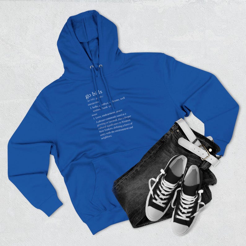 May include: Royal blue hoodie with a white print that defines "go-bi" as a place of peace, community, and a deeper greening. The definition is a phrase commonly used in New York City, describing a force of nature with the environment and neighbors.