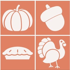 May include: A collection of white line art illustrations on a terracotta background. The images include a maple leaf, pumpkin, acorn, another maple leaf, a turkey leg, a pie, a turkey, and an ear of corn. The theme is autumn and Thanksgiving.