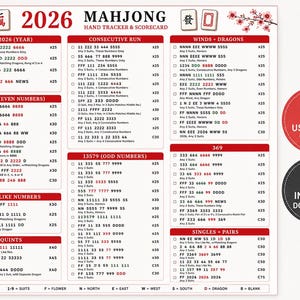 May include: A white Mahjong hand tracker and scorecard for 2026 with red text and headers. It features columns for consecutive runs, winds, dragons, even and odd numbers, quints, and singles. Includes a PDF 11 x 8.5 inch instant download icon.
