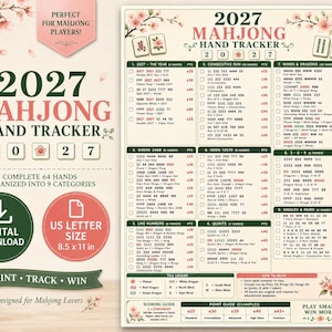 Könnte beinhalten: Ein 2027 Mahjong Hand-Tracker-Scoreblatt mit 64 Händen, die in 9 Kategorien unterteilt sind. Das Dokument enthält eine Spielsteinlegende, eine Wertungstabelle und einen Punkte-Guide, verziert mit Kirschblütenillustrationen auf cremefarbenem Grund.