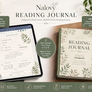 Puede incluir: Un diario de lectura Nalovy en dos formatos: una versión digital en una tableta con lápiz óptico y un libro impreso con cubierta color crema, ilustraciones botánicas verdes y el texto Reading Journal.