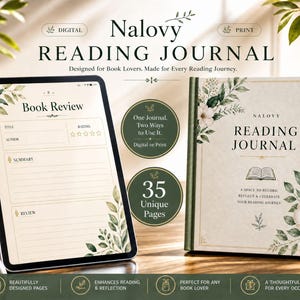 Op de afbeelding: Een digitale tablet met een boekrecensiepagina en een fysiek leesdagboek met een crèmekleurige kaft, groene rug en bloemenillustraties. De tekst luidt Nalovy Reading Journal, One Journal, Two Ways to Use It en 35 Unique Pages.
