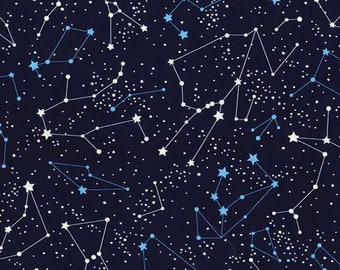 Navy Constellation Cotton Poplin Fabric: Celestial Stars Print