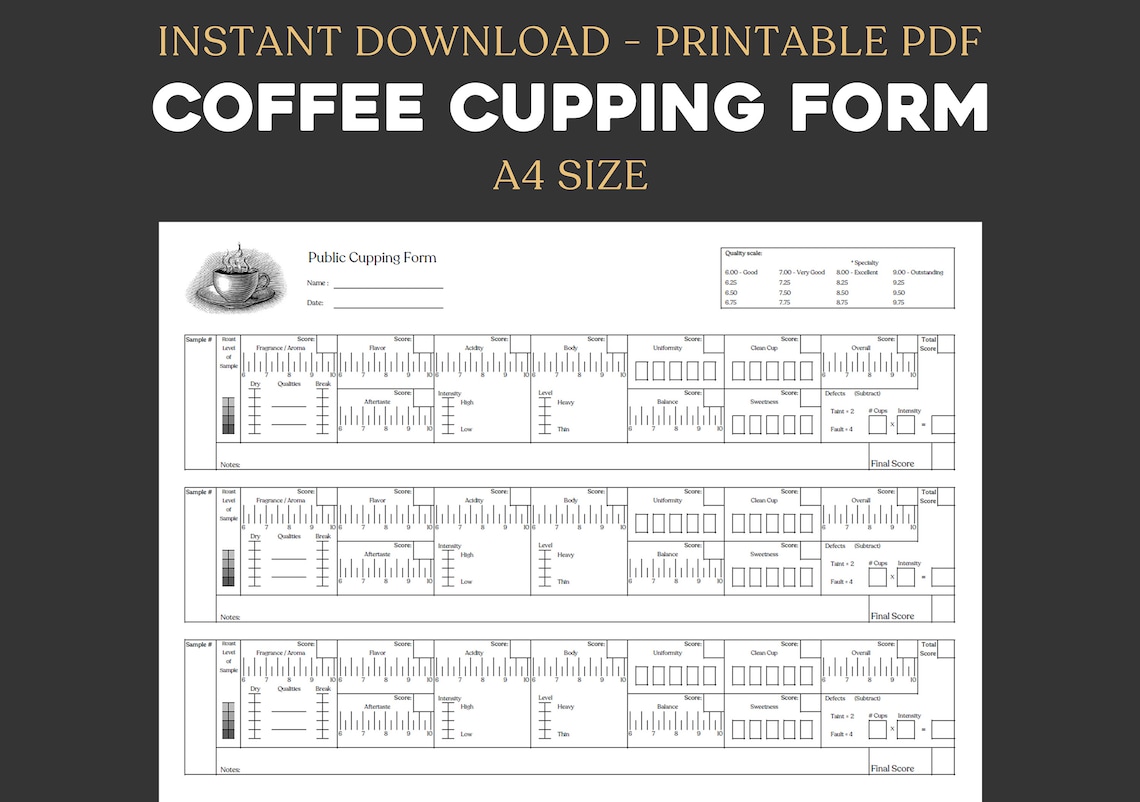 Coffee Cupping Form, Cupping Note, Public Cupping, Sensory, Printable, Instant Downloads, A4