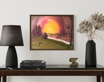 Golden Sunset Cabin – Oil Painting on Canvas | Rustic Landscape Wall Art | Warm Nature Scene