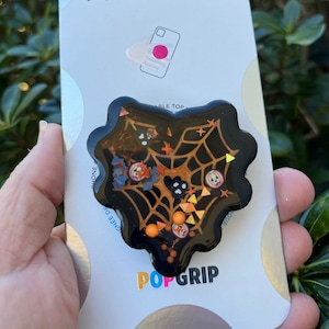 Halloween Heart Shaker PopSocket™: Orange Spider Web Phone Grip