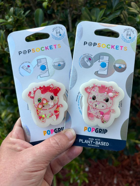 Kawaii Glow Cow Shaker PopGrip, Strawberry Cow, Handmade Resin Phone Grip