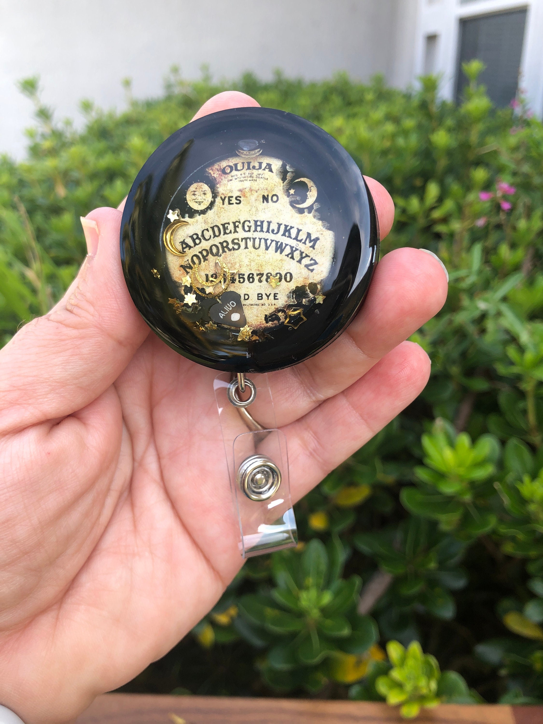 Ouija Board Shaker Badge Reel: Witchy Resin ID Holder