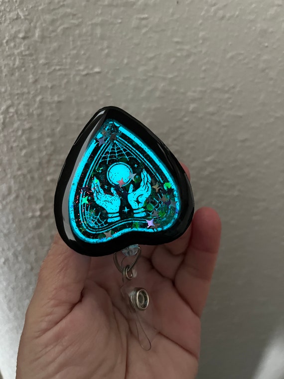 Glow in the Dark Ouija Planchette Shaker Badge Reel: Witchy ID Holder