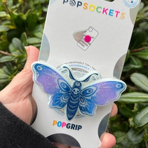 PopSocket™ Death Moth que brilla en la oscuridad, agarre para teléfono Death Moth de resina, PopGrip™ Death Moth azul y morado, soporte para lector electrónico Death Moth, Witchy Moth
