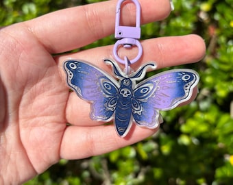 Death's Head Moth Keychain, Purple Blue Pastel Goth Bag Charm, Glow in the dark