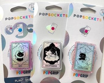 Holographic Zodiac Cat Tarot PopSocket, Astrology Phone Grip, Witchy Phone Stand