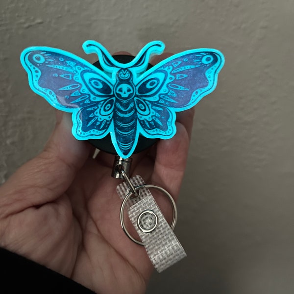 Glow in the dark Moth Badge Reel, Moth badge holder, blue purple moth ID Holder, Witchy retractable badge reel, Moth ID clip, Custom ID Reel