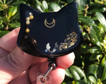 Magical Black Cat Shaker Badge Reel: Resin ID Holder
