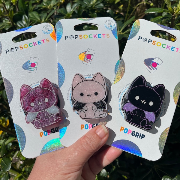 Resin Cat Bat PopSocket™, Cat PopGrip™, Black Cat Phone Holder, Swappable PopSocket, Glitter Cat Bat Phone Stand, Bat Phone Accessory