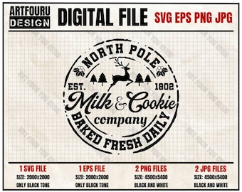 Christmas Vintage Sign, NORTH POLE Svg, Milk & COOKIE Co. Svg, Holiday Farmhouse Eps Png Jpg Cut Files For Cricut, Baking Santa's Favorites