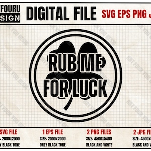 Puede incluir: Diseño de archivo digital en blanco y negro de un trébol de cuatro hojas con el texto "RUB ME FOR LUCK" dentro de un círculo.