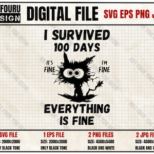 100th Day Of School It&#39;s Fine I&#39;m Fine Everythings Is Fine svg, Black Cat Svg, Elektrocuted Cat Crazy Cat Eps Png Jpg Cut Files For Cricut