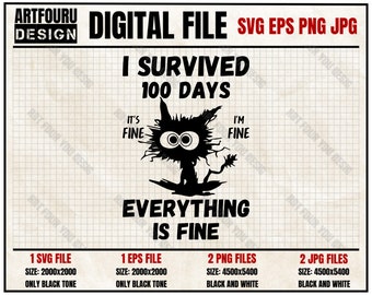 100th Day Of School It&#39;s Fine I&#39;m Fine Everythings Is Fine svg, Black Cat Svg, Elektrocuted Cat Crazy Cat Eps Png Jpg Cut Files For Cricut