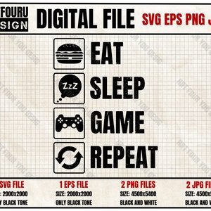 Eat Sleep Game Repeat SVG, Lustige Gaming Quotes, Gamer Player svg, Game Controller T-Shirt Eps Png Jpg Cut File Für Cricut