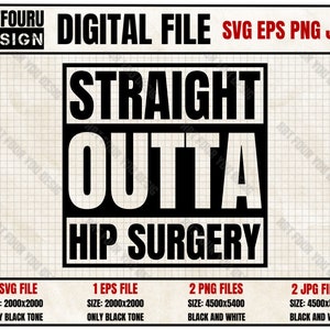Op de afbeelding: Zwart-wit digitaal bestandsontwerp met de tekst "STRAIGHT OUTTA HIP SURGERY". Het ontwerp is in een vetgedrukte, blokletter-stijl. Het bestand is beschikbaar in de formaten SVG, EPS, PNG en JPG.