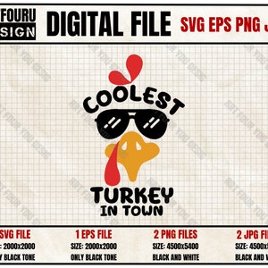 Coolest Turkey in Town Svg, Thanksgiving Svg, Boy Turkey Face, Funny Kids Cut Files, Baby Boy Shirt Eps Png Jpg Digital Cut Files For Cricut