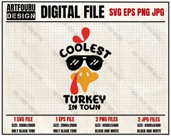 Coolest Turkey in Town Svg, Thanksgiving Svg, Boy Turkey Face, Funny Kids Cut Files, Baby Boy Shirt Eps Png Jpg Digital Cut Files For Cricut