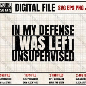 May include: Black and white digital file download of a graphic that says "In my defence I was left unsupervised".