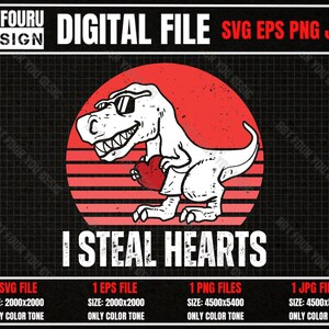 I Steal Hearts Trex svg, Dinosaur Valentine Svg, Valentine Day Svg, Vintage Retro Valentine svg, Kid&#39;s Shirt Eps Png Jpg Cut File For Cricut