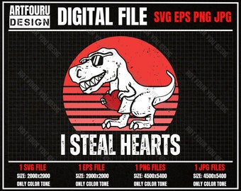 I Steal Hearts Trex svg, Dinosaur Valentine Svg, Valentine Day Svg, Vintage Retro Valentine svg, Kid's Shirt Eps Png Jpg Cut File For Cricut