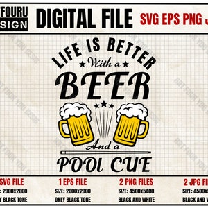 Könnte beinhalten: Ein digitales Design mit dem Text "Life is better with a beer and a pool cue". Das Design zeigt zwei Cartoon-Bierkrüge mit Schaum oben drauf und einen Billardstock.