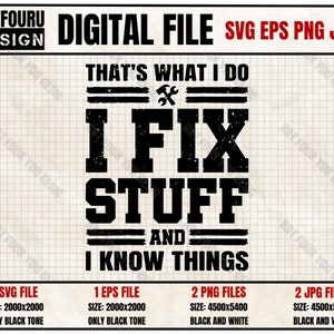 May include: Black and white digital file download of a graphic design that says "That's what I do I fix stuff and I know things" with a wrench symbol. The design is in a distressed font style.