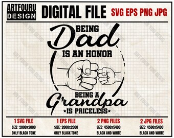 Funny Daddy Being Dad is an honour being grandpa is priceless SVG, Gifts for great Grandpa and Best Family PNG, Fist bump father & son EPS