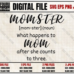 以下が含まれることがあります： 「MOMSTER [mom-ster] (noun) What happens to mom after she counts to three.」というテキストを含む白黒のデジタルファイルデザイン。デザインには、SVGファイル1つ、EPSファイル1つ、PNGファイル2つ、JPGファイル2つが含まれています。