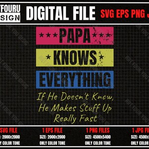 May include: A digital file design with the text "***PAPA*** *KNOWS* EVERYTHING If He Doesn't Know, He Makes Stuff Up Really Fast" in a colorful, distressed font. The design is available in SVG, EPS, PNG, and JPG formats.