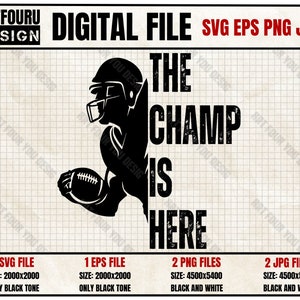 Puede incluir: Diseño de archivo digital en blanco y negro de un jugador de fútbol americano con el texto "The Champ Is Here".