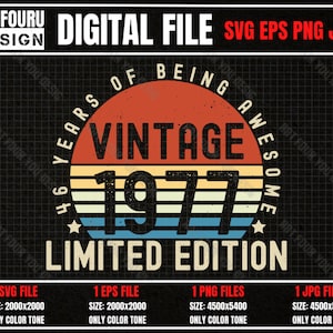 Birthday Party 46 Year Old Gifts Vintage 1977 Limited Edition 46th Birthday Svg, Born in 1977 Idea Gift for Her Him Png, Classic Present Eps