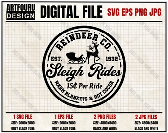Reindeer Sleigh Rides Svg, Sleigh Rides Svg, Christmas Design, Farmhouse Christmas File, Reindeer Rides Eps Png Jpg Cut File For Cricut