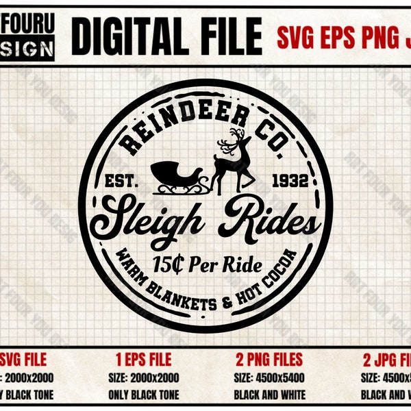 Reindeer Sleigh Rides Svg, Sleigh Rides Svg, Christmas Design, Farmhouse Christmas File, Reindeer Rides Eps Png Jpg Cut File For Cricut