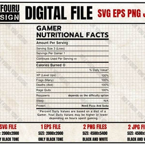 Gamer Nutritional Facts Cool Video Game SVG, cadeau pour lui svg, cadeau pour elle svg, cadeaux personnalisés svg, Stickers svg, PNG, Cricut, EPS