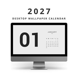 May include: A computer monitor displaying a 2027 desktop wallpaper calendar. The screen shows the month of January with the number 01 in large black font on the left and a calendar grid on the right. The text 2027 DESKTOP WALLPAPER CALENDAR is above.