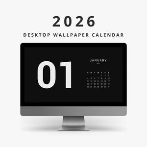 黒と白のデスクトップ壁紙カレンダー2026、モダンでミニマリスト、シンプルなコンピュータの背景